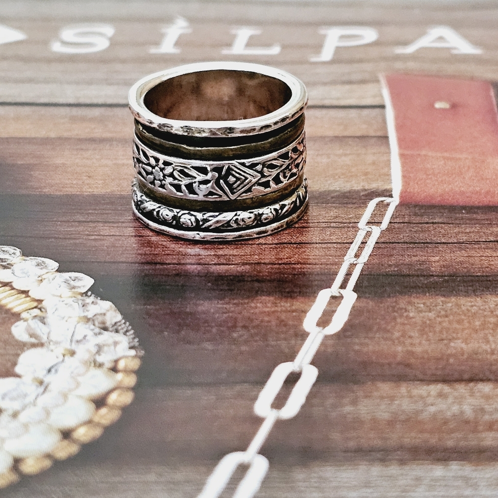 Silpada Etched Sterling Silver Brass Spinner Cuff Ring R2293 Size 6